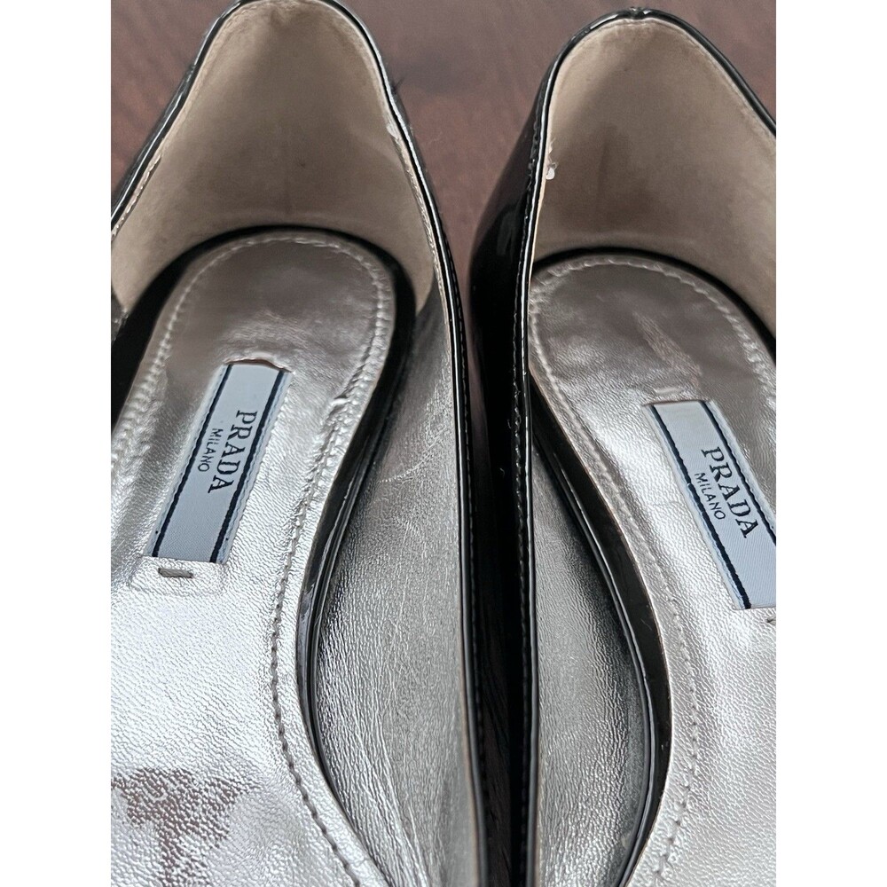 PRADA Black Patent Leather Ballet Flats Silver Detail Size 37 GUC - Picture 13 of 14